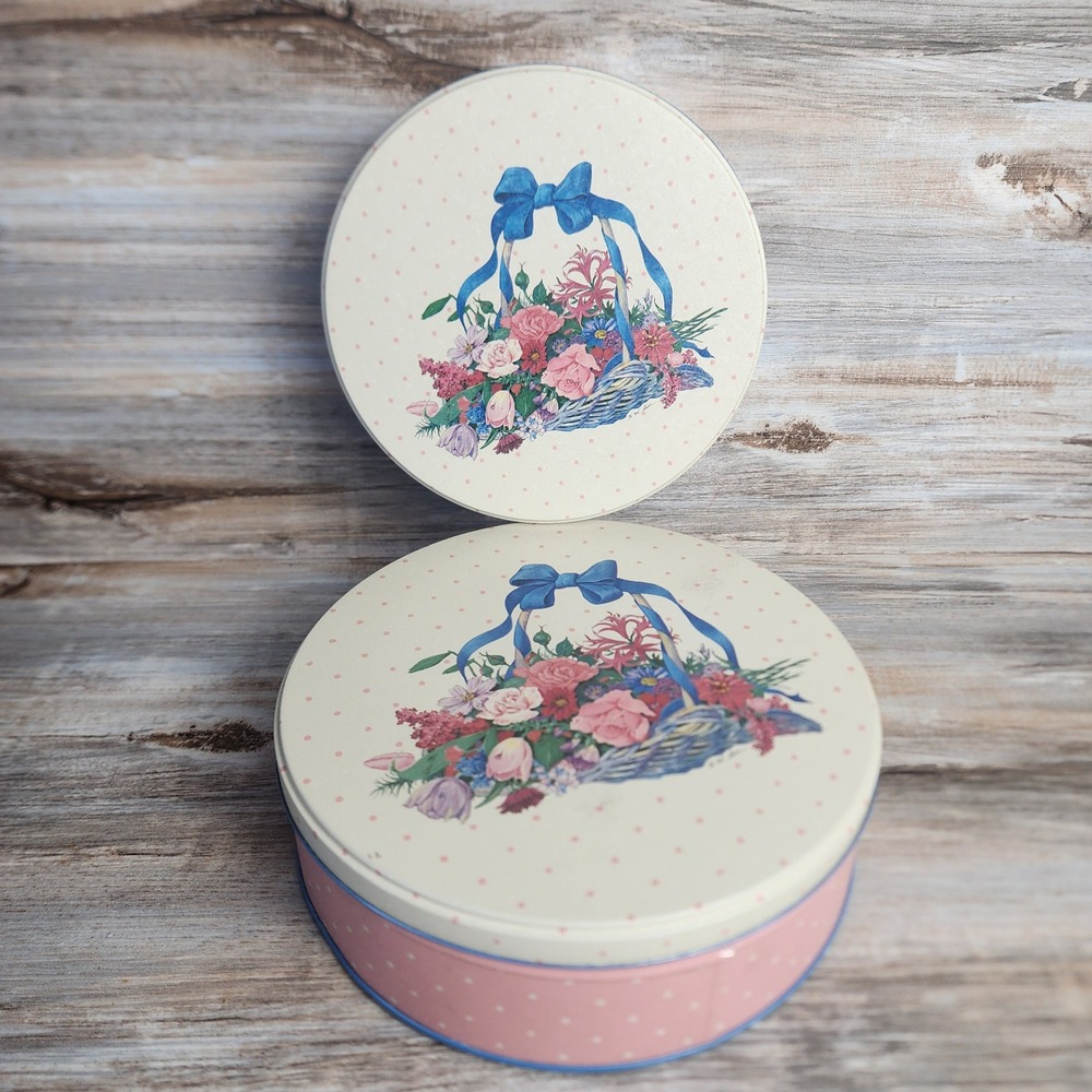 Vintage 1990 Potpourri Press Mayfair Floral‎ Polka Dot Nesting Tins Set of 2